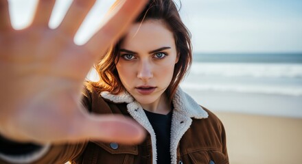 Young woman with intense gaze holding hand up to camera on a beach.