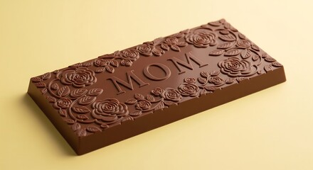 A chocolate bar molded with embossed floral patterns and the word &ldquo;MOM,&rdquo; isolated on a pastel yellow background.