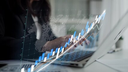 A businesswoman focuses on her laptop, analyzing charts and graphs. The image represents financial growth and the use of technology in modern workplaces. Copula - Powered by Adobe