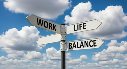 A directional sign with arrows pointing to 'Work', 'Life', and 'Balance' against a bright blue sky filled with fluffy white clouds. Highlights the choice between career and personal well-being.