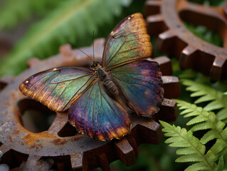 Vibrant Multicolored Butterfly Resting on Rusty Gear Amidst Lush Green Foliage