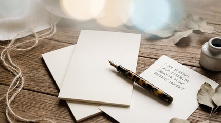 Blank sheets of paper, a fountain pen, and a small inkwell on a wooden surface, ideal for writing or journaling