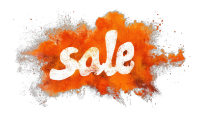 Bright white lettering "sale" bursts from an orange powder explosion