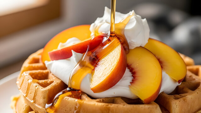 Golden brown waffle topped with whipped cream, sliced peaches, and a drizzle of syrup, a sweet and delicious breakfast treat - Powered by Adobe