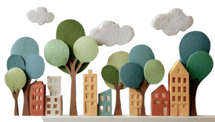 Colorful felt cutout city with trees, buildings, and clouds