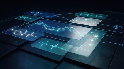 Futuristic digital interface displaying data analysis and interconnected information on glowing screens.