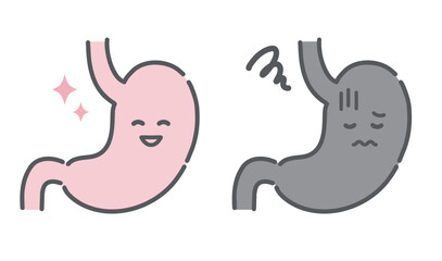 健康な胃と不調な胃の比較イラスト（キャラクター・胃炎・ストレス）
