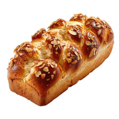 Golden braided loaf with sliced almond topping, on black