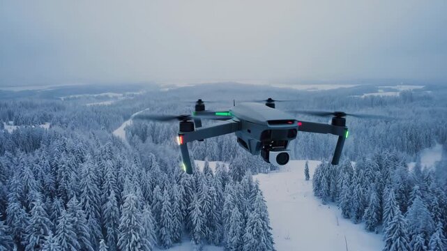 Cinematic Drone Hovering Over Frozen Woodland Providing Aerial Insight for Winter Rescue Coordination &ndash; Seamless Loop Animation 4K
