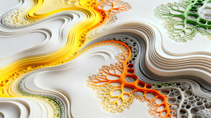 Abstract paper art waves layers texture fractal organic shapes yellow orange green white gray modern design background wallpaper intricate detail macro view