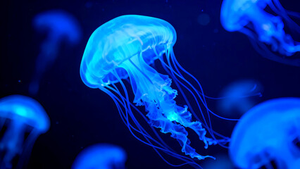 Fototapeta premium Bioluminescent jellyfish glowing bright blue underwater in dark ocean depths with ethereal tentacles floating gracefully creating a mesmerizing aquatic scene perfect for nature backgrounds and deep se