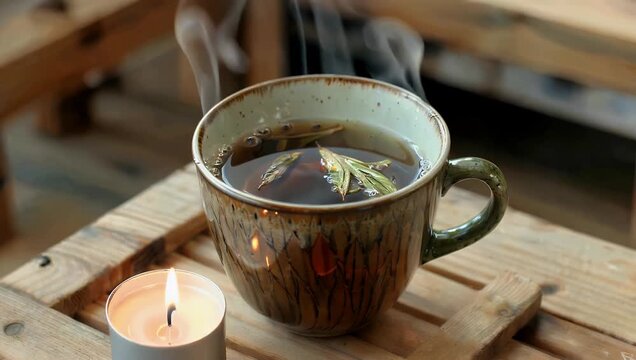 Cinematic 4K close up of a steaming cup of herbal tea sitting on a wooden ledge next to a flickering candle highlighting tranquility relaxation and cozy atmosphere for lifestyle or wellness stock