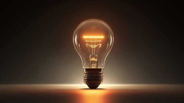 subduers. A glowing lightbulb with visible filament, centered in a dark studio setting. product launch decks, UI/UX mockups, designed for product launches and innovation pitches.
