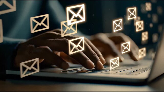 Hand typing laptop and light forms a holographic email symbol above, illustrating the arrival of a high-importance message.