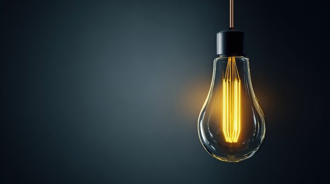 subduers. A glowing lightbulb with visible filament, centered in a dark studio setting. product launch decks, UI/UX mockups, designed for product launches and innovation pitches.