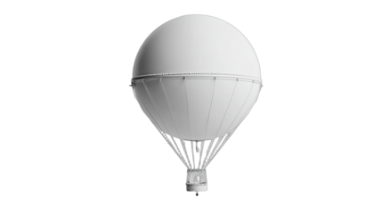 A clean, white hot air balloon with a detailed gondola, isolated on black
