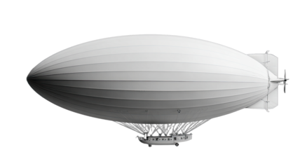 Sleek, white airship with gondola suspended below against a black background