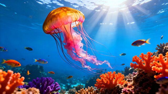Jellyfish swimming above vibrant coral reef ecosystem with sun rays piercing deep blue ocean water illuminating tropical marine life and colorful fish below