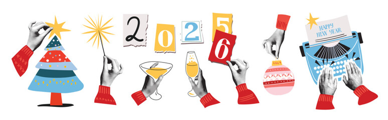 Obraz premium Happy New Year. A modern halftone collage featuring hands with the numbers 2026, holding a glass of champagne, and a sparkler. Vector illustration for greeting cards, posters, and banners.