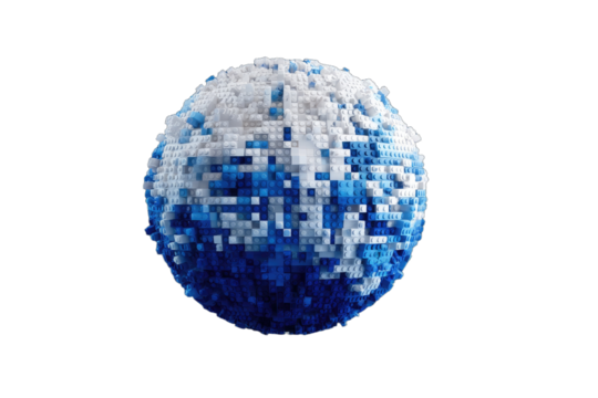 Abstract sphere composed of blue and white cubes against a black backdrop - Powered by Adobe