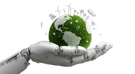 Robotic hand gently cradles lush green Earth with windmills and clouds