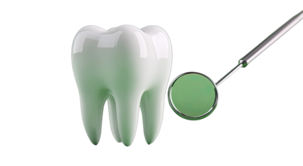 A gleaming white tooth stands beside a dentist's mirror on a dark background