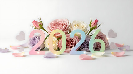 Pastel Floral 2026 New Year Decoration with Soft Roses and Petals