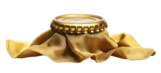 A golden bottle cap rests on a crumpled golden fabric with a subtle sheen