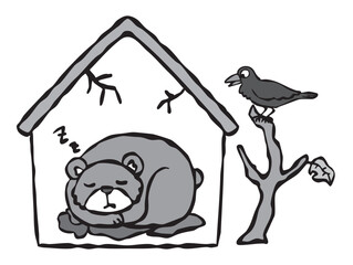 民家で冬眠をするクマ_モノクロ　くま　熊
