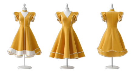 Yellow A-line dress with white trim on collar, sleeves, and hem