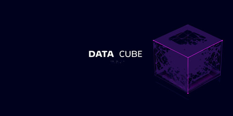 Abstract data cube visualization with glowing edges on dark background