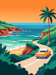 Naklejka premium Vintage Car Journeying Along a Winding Coastal Road Under a Vibrant Tropical Sunset, Evoking a Serene Summer Adventure