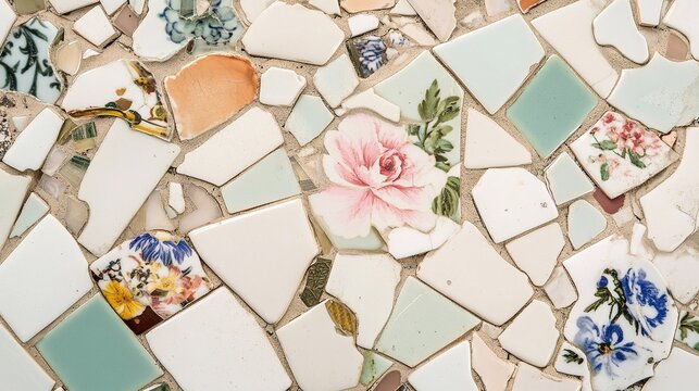 labdanum. Broken porcelain fragments reassembled into an elegant floral mosaic on a neutral surface, top-down view. menu design.