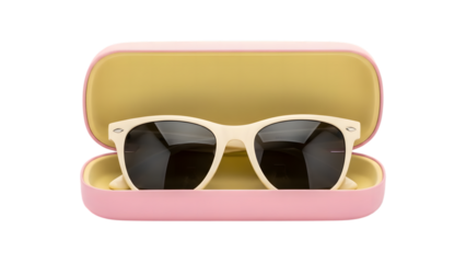 Stylish sunglasses in a pink case isolated on transparent background