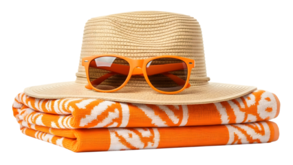 Summer vacation essentials including a straw hat and sunglasses isolated on transparent background