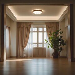 Fototapeta premium Elegance in the Interior: A well-lit and spacious room offers a sense of tranquility, its design exuding comfort. Featuring wooden floor and a large plant, this is an inviting space.