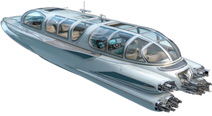Sleek futuristic watercraft with a transparent canopy and powerful rear thrusters
