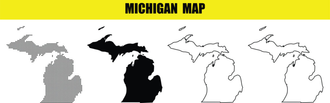 Diverse vectorstyle maps displaying the unique geographic outline of Michigan state in various graphic formats for design projects