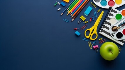 School supplies and green apple on a dark blue background for education