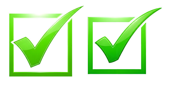 3d illustration of two glossy green check marks inside square boxes, symbolizing approval, completion, and success, isolated on transparent background