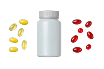 White bottle with scattered yellow and red oval-shaped pills