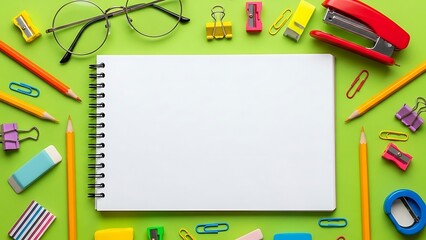 Blank notebook surrounded by school supplies on a green background