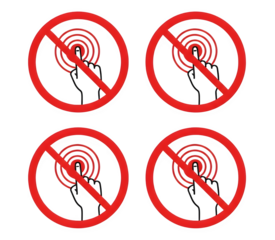 3d illustration of four red do not touch warning signs, each with a hand and a red prohibition circle, isolated on transparent background