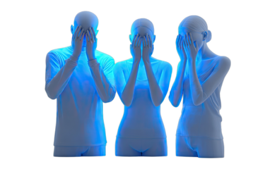 Three translucent figures with faces obscured by their hands
