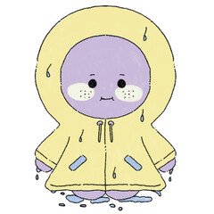 Whimsical hand-drawn purple cartoon character wearing a yellow raincoat with raindrops, transparent background