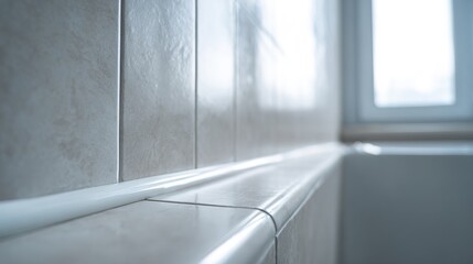 caulk. A close-up of a smooth white caulk sealant bead at a bathtub and tile junction. real-estate listings, architecture portfolios, designed for interior renovation comparisons for interiors.