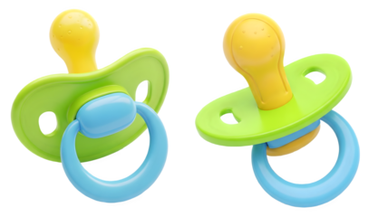 3d illustration of two colorful baby pacifiers with yellow, green, and blue elements, designed for infants, isolated on transparent background