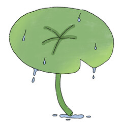 Whimsical hand-drawn cartoon lotus leaf with raindrops, transparent background