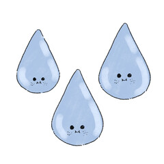 Three cute-faced whimsical cartoon raindrops, hand-drawn, transparent background
