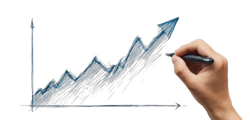 A hand draws an upward trending graph with an arrow